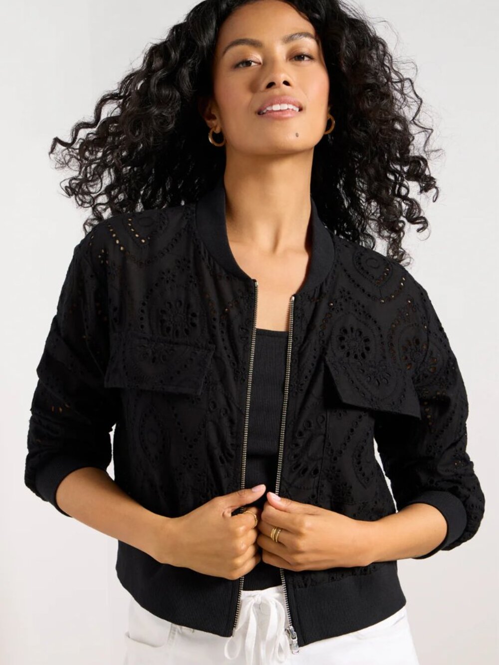 Evereve Ryan Black Eyelet Zip-Front Bomber Jacket Women's Size XL